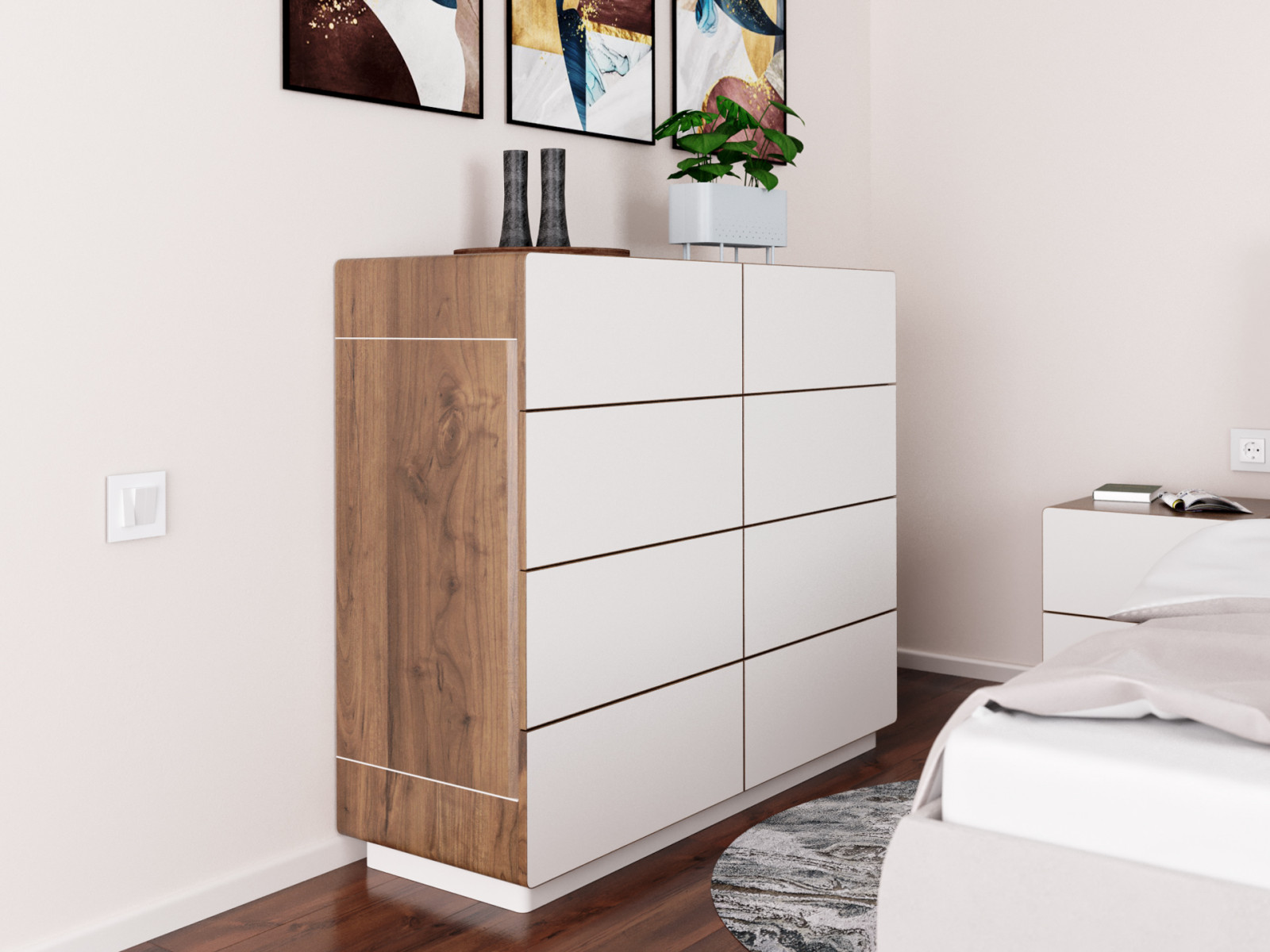 Прикроватные тумбочки и комод в интерьере спальни