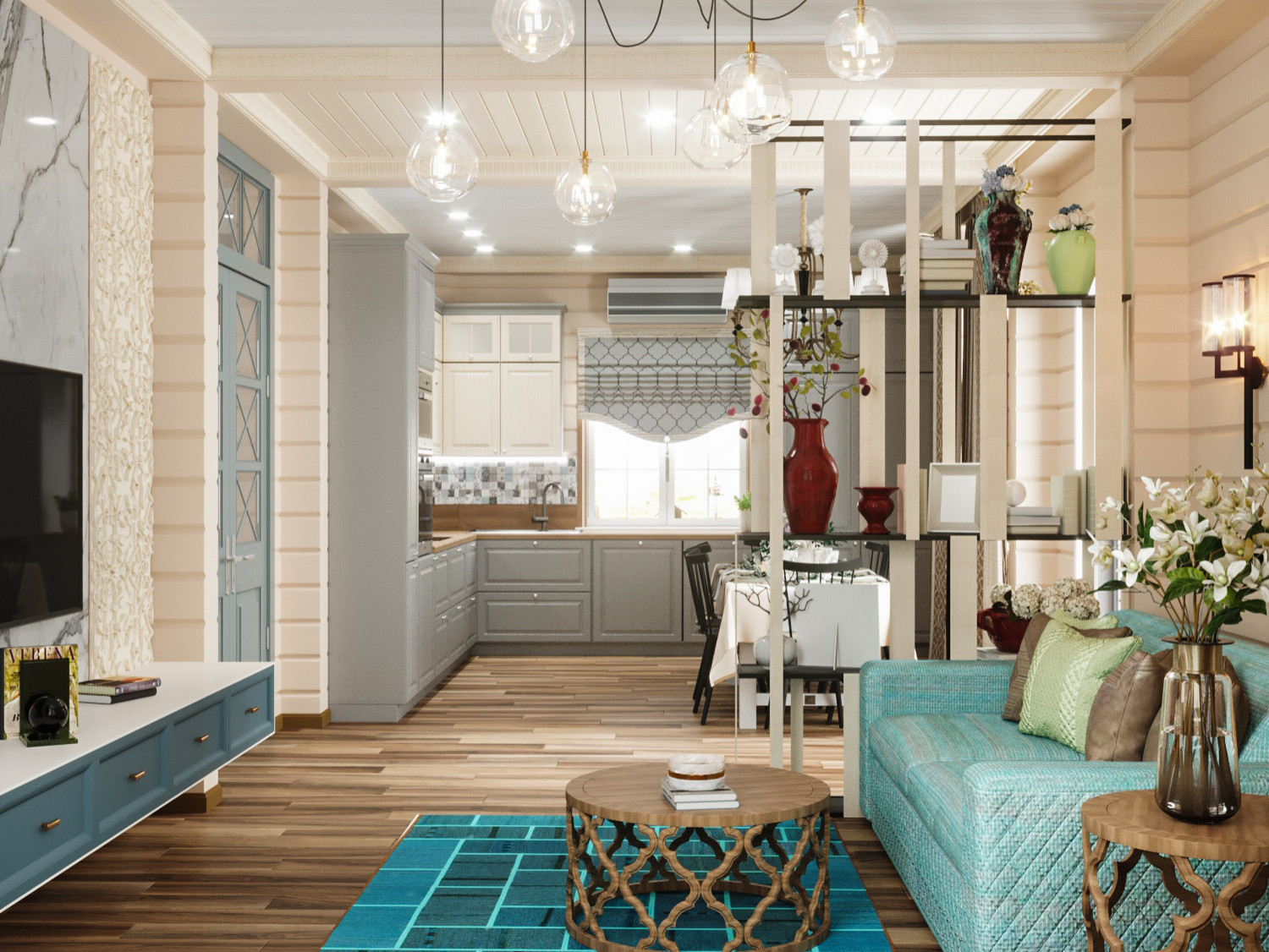 Кухня-гостиная в срубовом доме